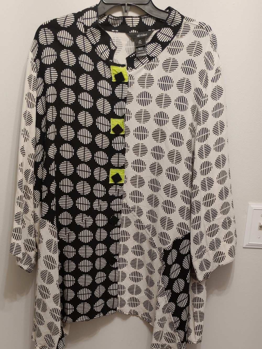 ali miles Black & White Polka Dot Split-Panel Tunic with Neon Accents